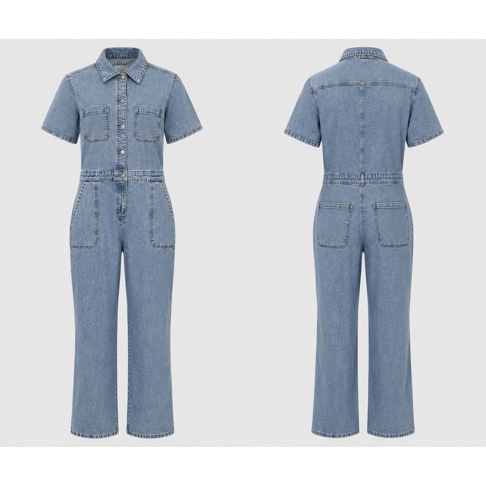 Celebrity Pink Women's Blue Denim Jumpsuit Short Sleeve Collared Pockets XL